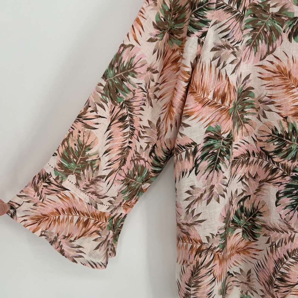 J. Jill Love Linen Women Tropical Palm Leaf Bell Sleeve‎ Tunic Top Size L Pink - Picture 5 of 11